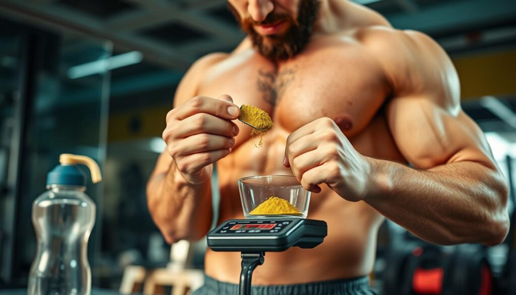 Bodybuilder measuring kratom dosage before workout