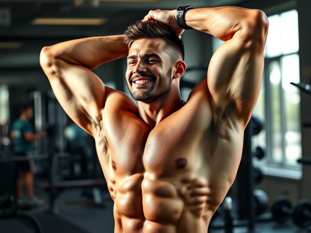 Bodybuilder stretching after workout showing pain relief