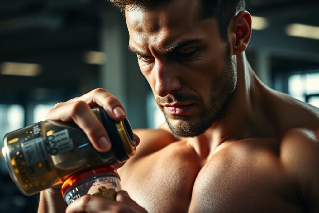 Focused bodybuilder preparing for workout with kratom