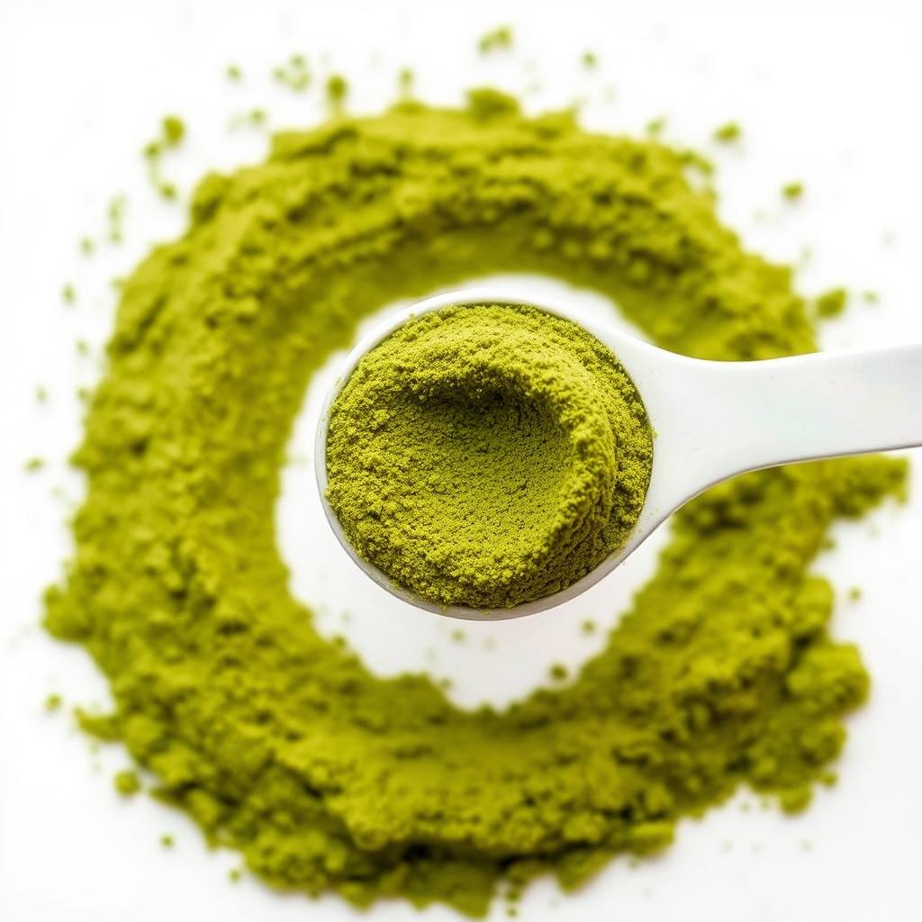 Green Malay kratom powder in measuring spoon