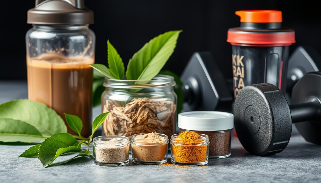 Kratom leaves and powder next to bodybuilding equipment
